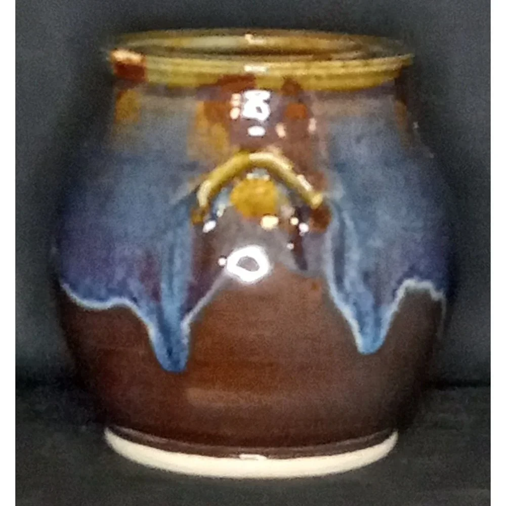 Artist Signed Studio Pottery Vase Pot Planter Vessel Two Handles Glazed‎ Boho